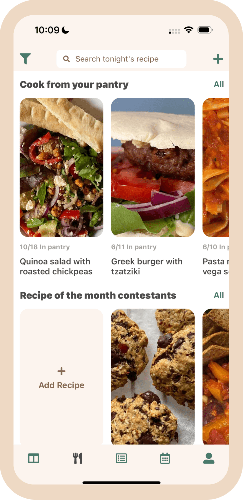 Screenshot of the recipe suggestions screen