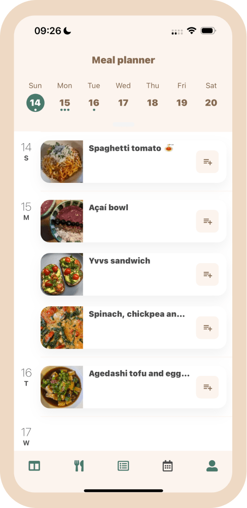 Screenshot of the meal planner screen
